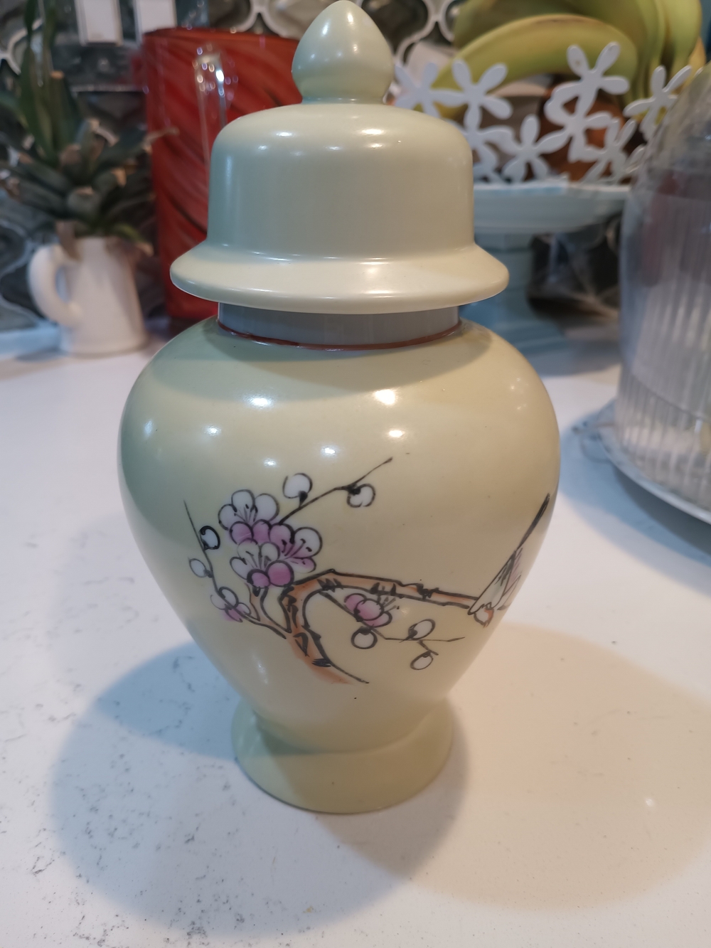 Hand-Painted Cream Porcelain Ginger Jar with Pink Blossom Motif